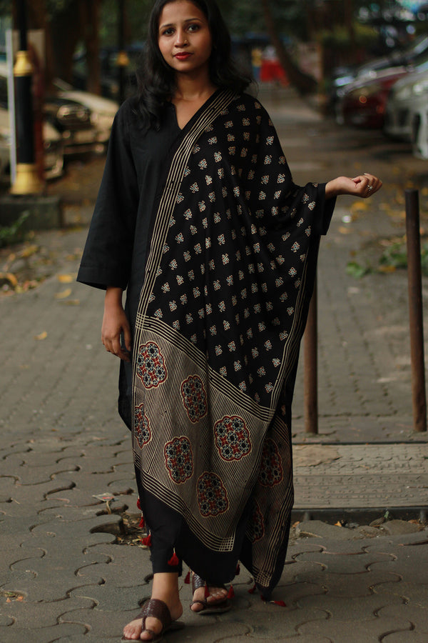 Antara | Modal Silk Stole | Noir Floral Booti Ajrakh