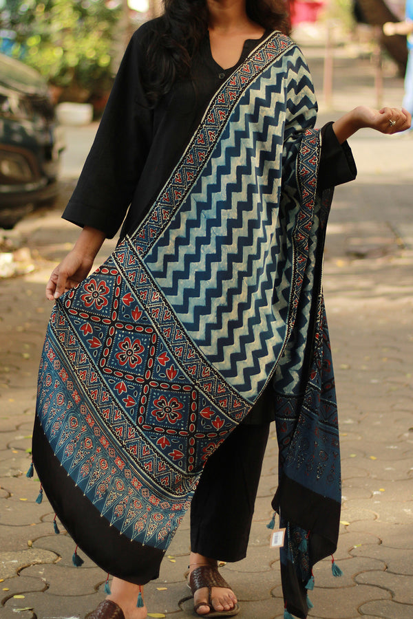 Antara | Modal Silk Stole | Indigo ZigZag Ajrakh