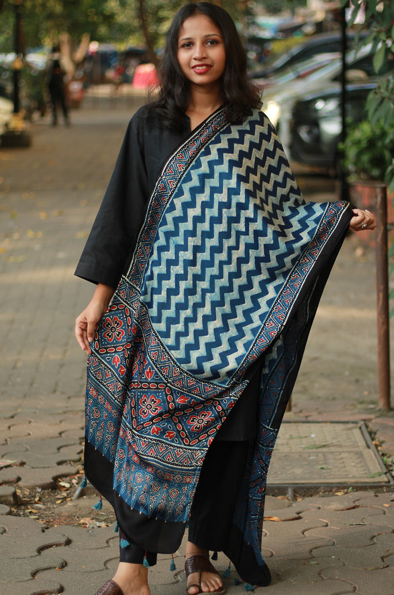 Antara | Modal Silk Stole | Indigo ZigZag Ajrakh