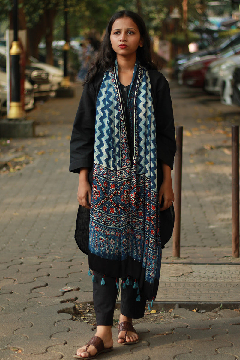 Antara | Modal Silk Stole | Indigo ZigZag Ajrakh