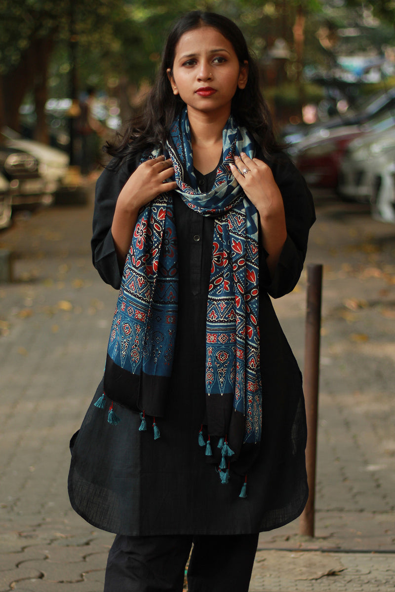 Antara | Modal Silk Stole | Indigo ZigZag Ajrakh
