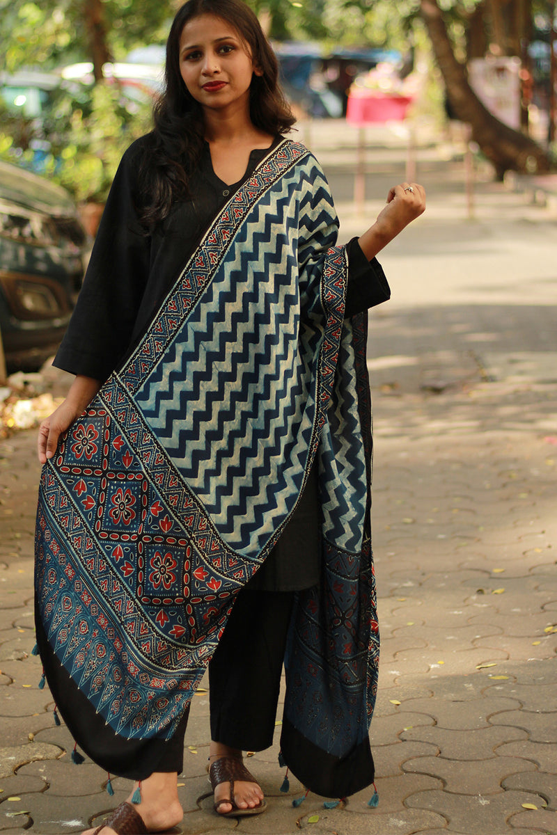 Antara | Modal Silk Stole | Indigo ZigZag Ajrakh