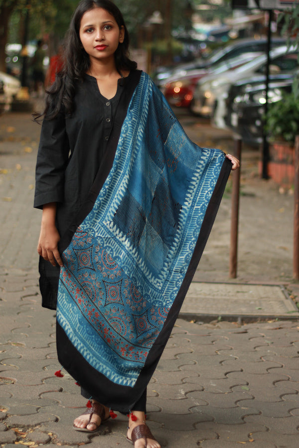 Antara | Modal Silk Stole | Stripes Indigo Ajrakh