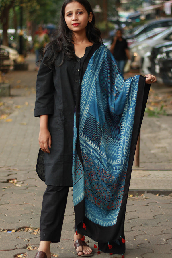 Antara | Modal Silk Stole | Stripes Indigo Ajrakh
