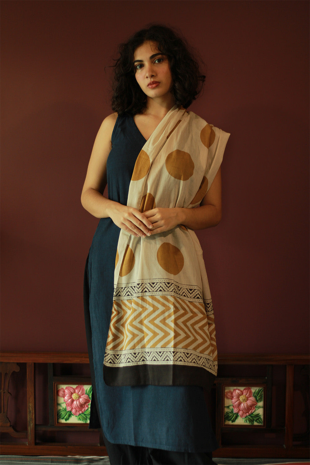 Cotton Stole | Bagru | Mustard Polka