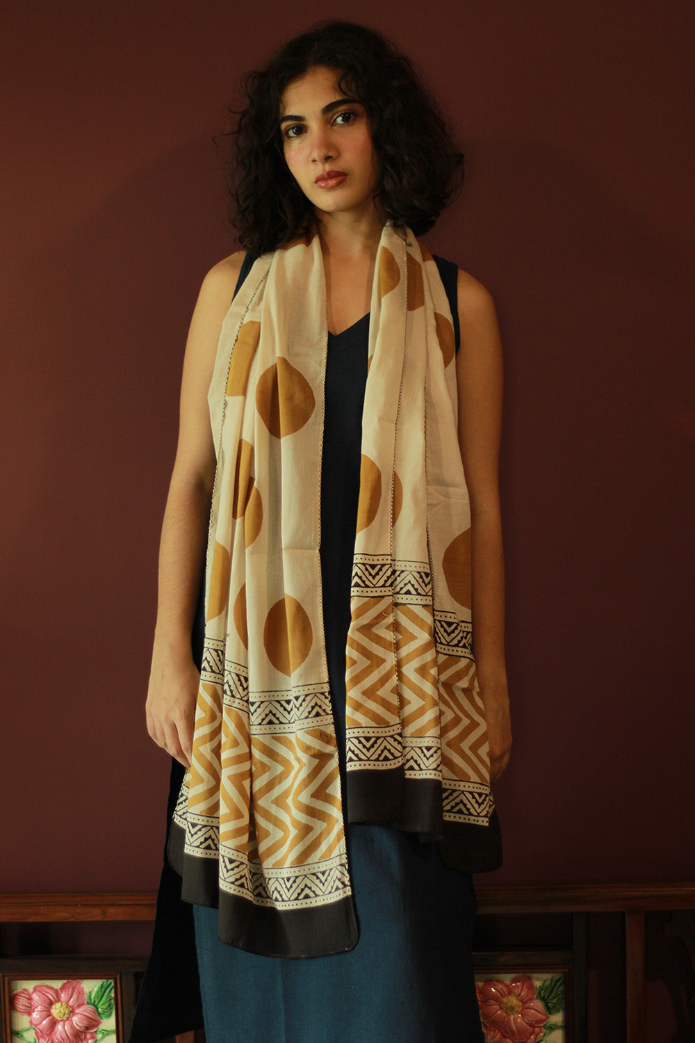 Cotton Stole | Bagru | Mustard Polka
