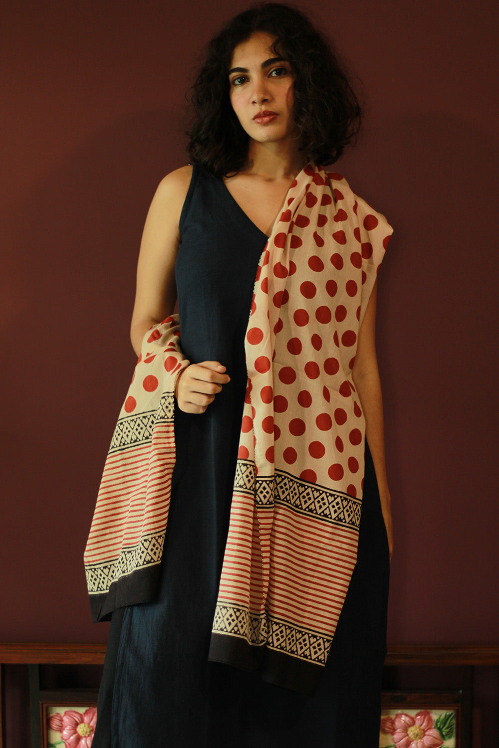 Cotton Stole | Bagru | Maroon Polka