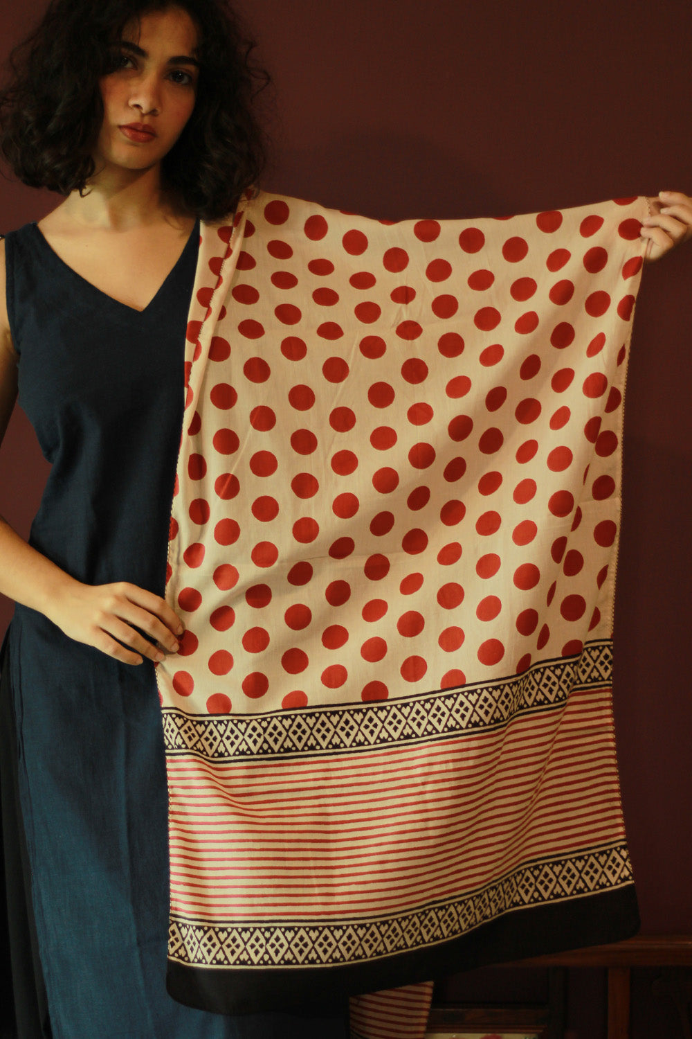 Cotton Stole | Bagru | Maroon Polka