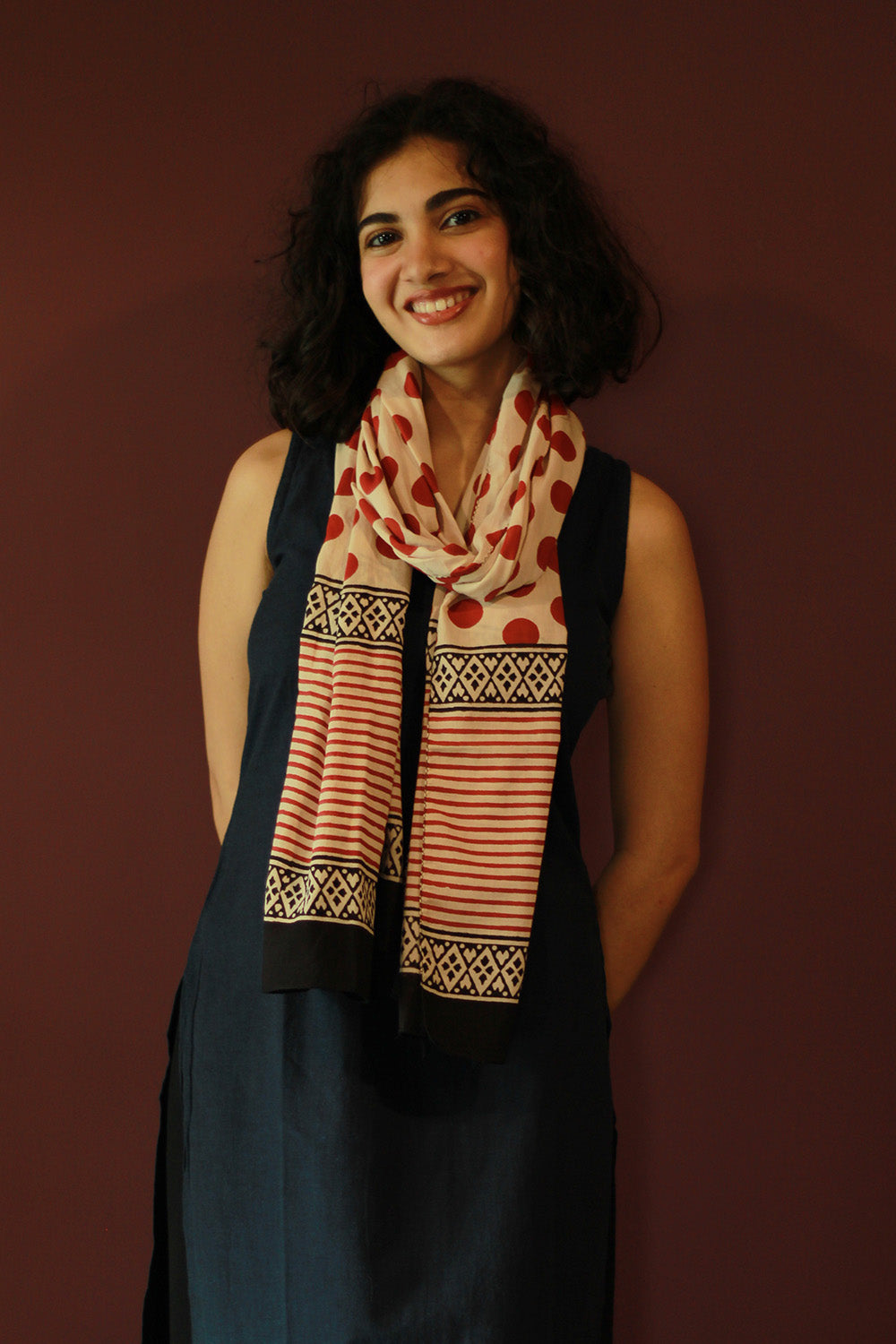 Cotton Stole | Bagru | Maroon Polka