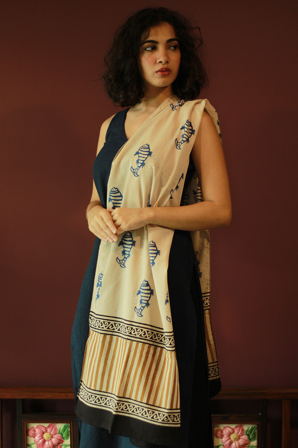 Cotton Stole | Bagru | Blue Fish