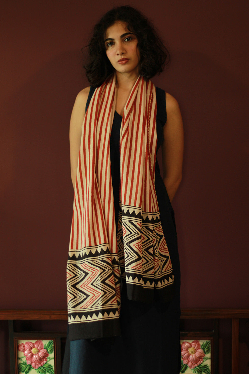 Cotton Stole | Bagru | Maroon Stripes