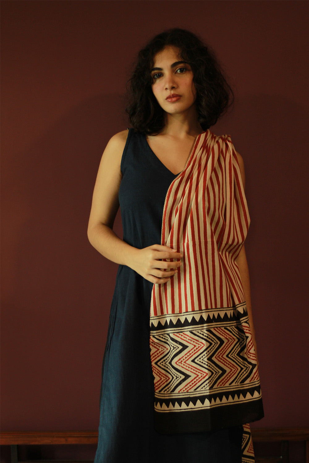 Cotton Stole | Bagru | Maroon Stripes