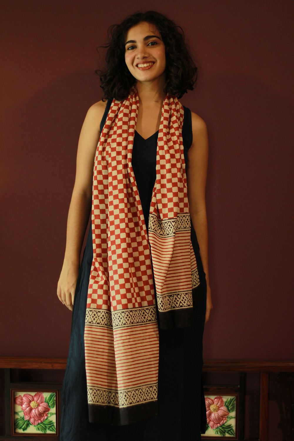 Cotton Stole | Bagru | Maroon Checks