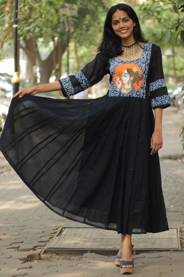 Alankrita | Chaaliskali Kurta | Handpainted Yoke Dark Blue