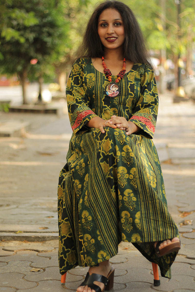 Alankrita | Kalidar Kurta | Green Ajrakh Floral Medley