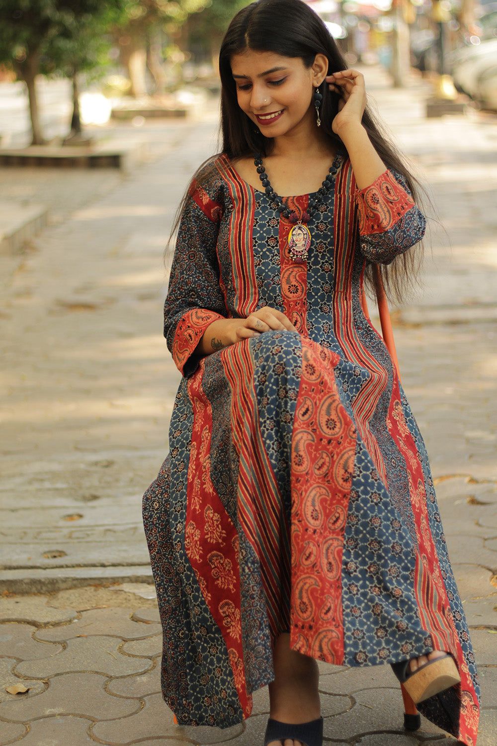 Alankrita | Kalidar Kurta | Rust & Blue Ajrakh Medley