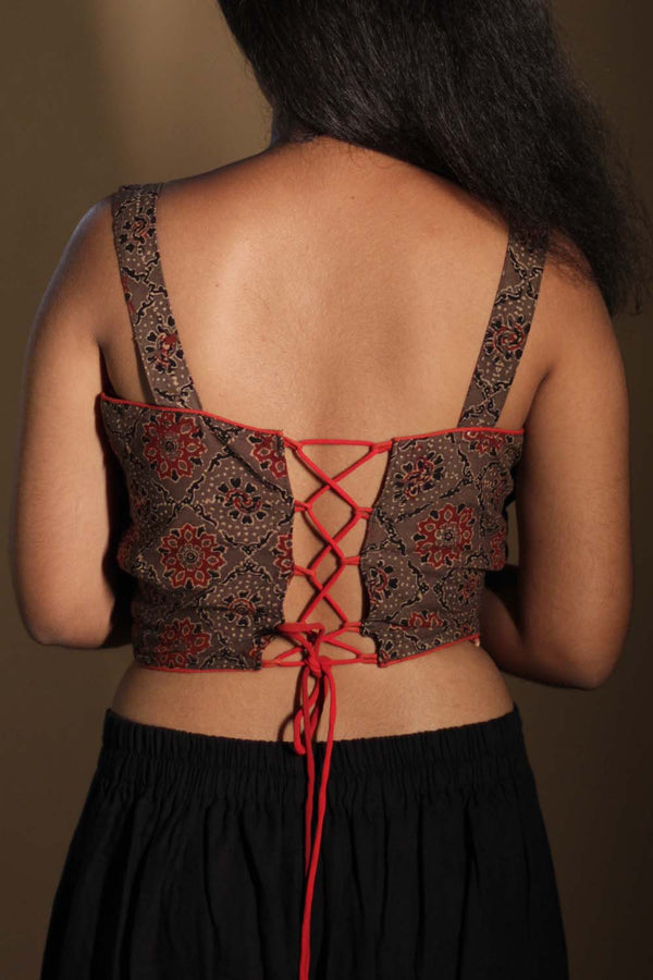 Moha |  Backless Lace-Up Blouse | Beige Floral Ajrakh with  Red Piping