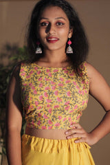 Reversible Blouse in Yellow Sanganeri & Solid Gray