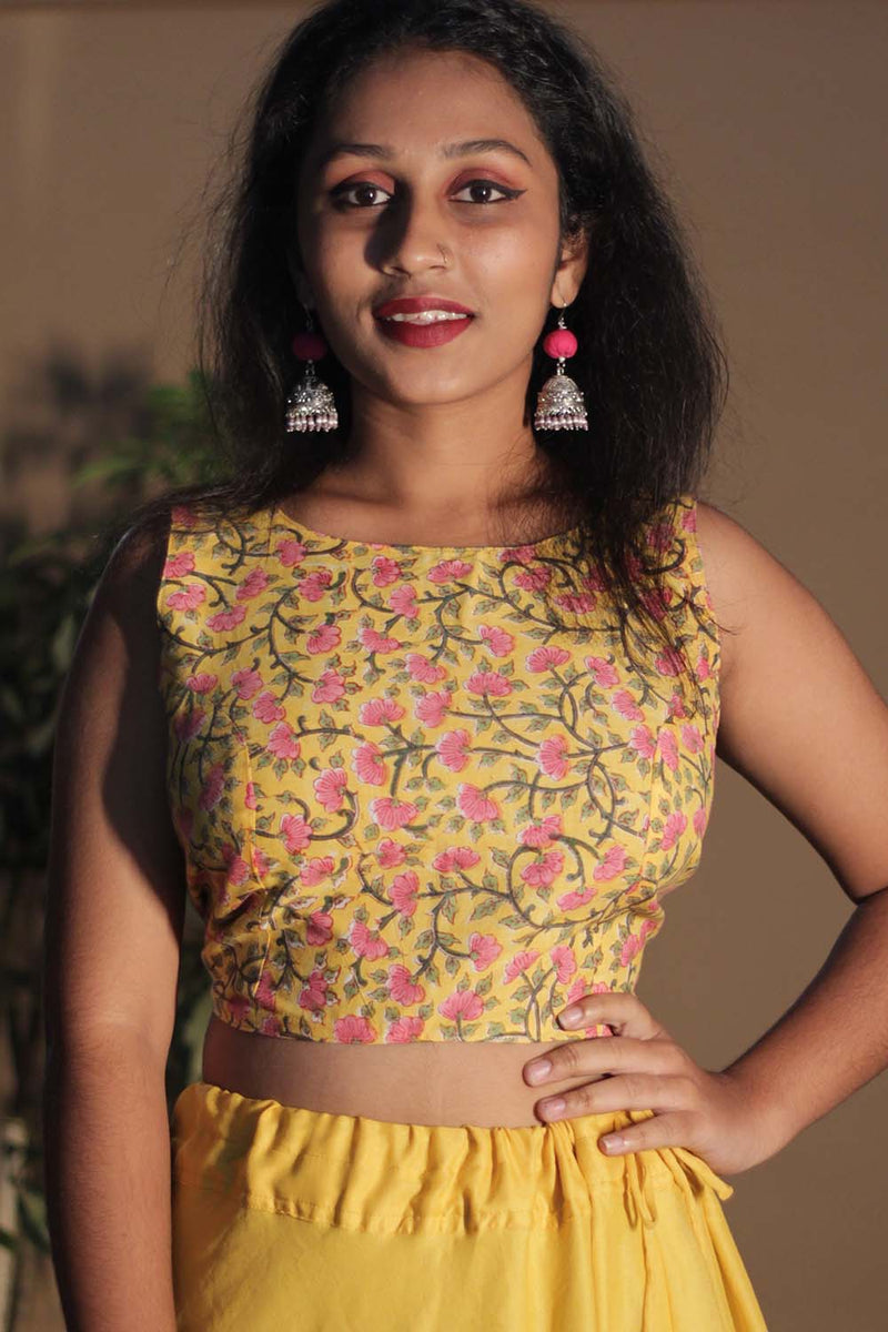 Reversible Blouse in Yellow Sanganeri & Solid Gray