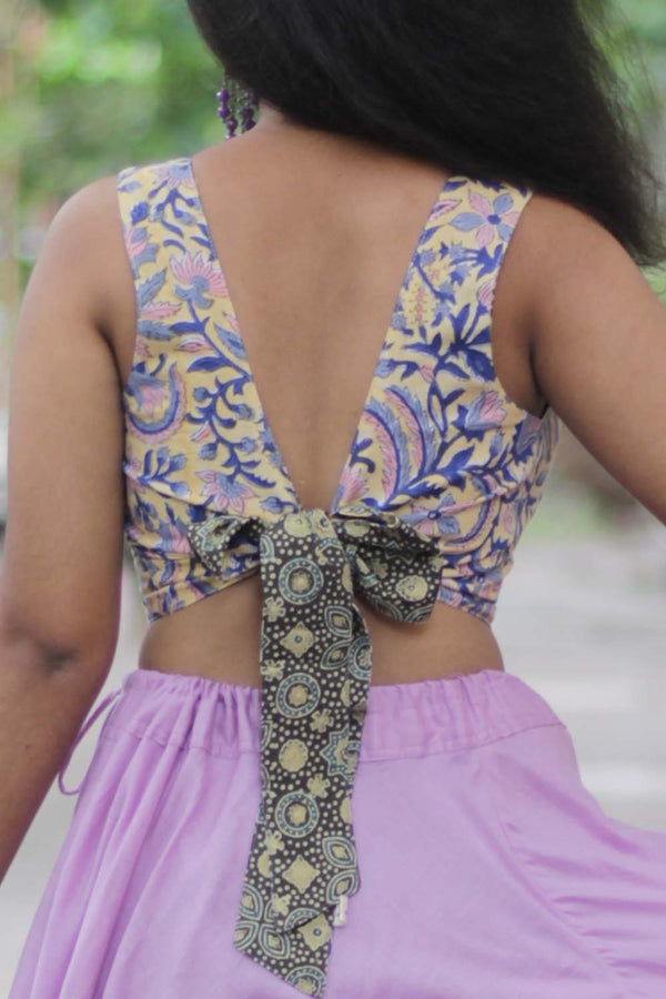 Reversible Blouse in Pale Yellow Sanganeri & Ajrakh