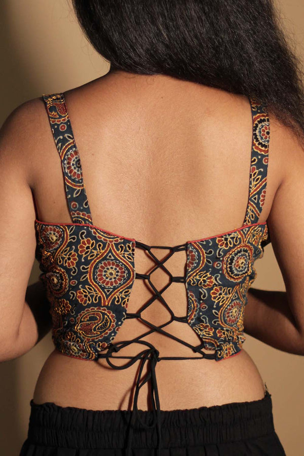 Moha | Backless Lace-Up Blouse | Indigo Floral Embroidered Ajrakh