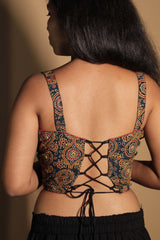 Moha | Backless Lace-Up Blouse | Indigo Floral Embroidered Ajrakh