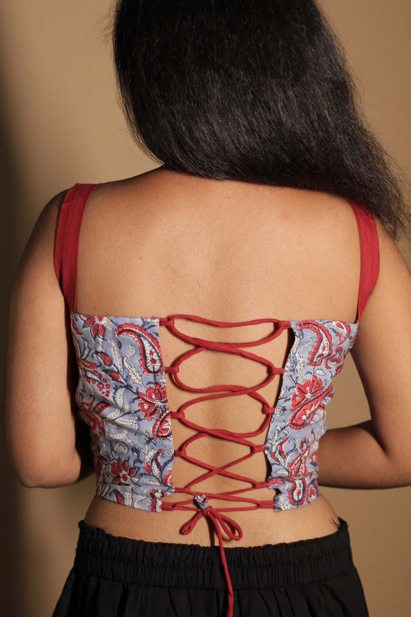 Moha | Backless Lace-Up Blouse |  Blue Sanganeri Red Straps