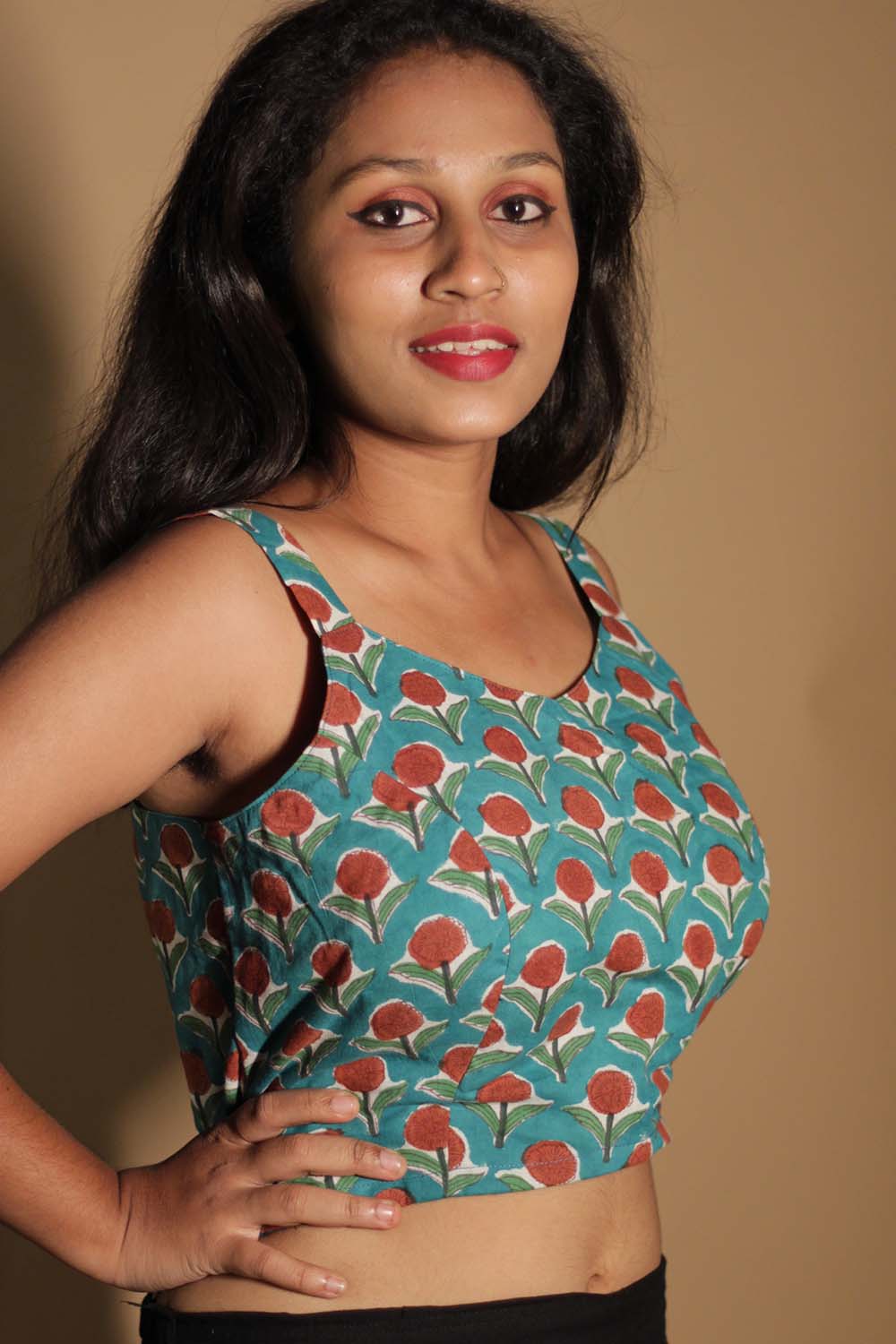 Moha | Backless Lace-Up Blouse | Teal Flowers Sanganeri