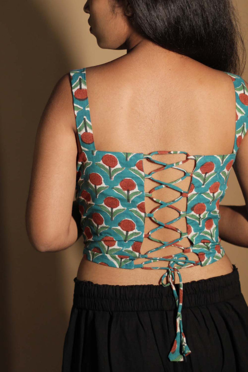 Moha | Backless Lace-Up Blouse | Teal Flowers Sanganeri