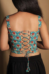 Moha | Backless Lace-Up Blouse | Teal Flowers Sanganeri