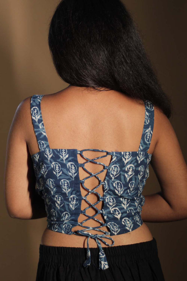 Moha | Backless Lace-Up Blouse | Indigo Paisley