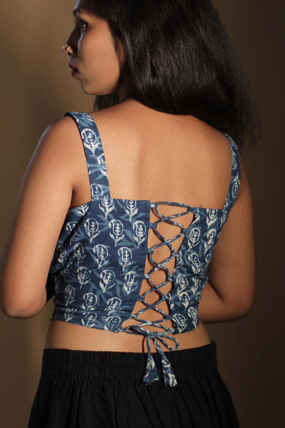 Moha | Backless Lace-Up Blouse | Indigo Paisley