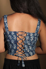Moha | Backless Lace-Up Blouse | Indigo Paisley