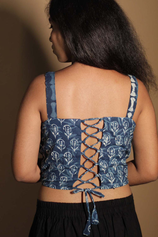 Moha | Backless Lace-Up Blouse | Indigo Medley