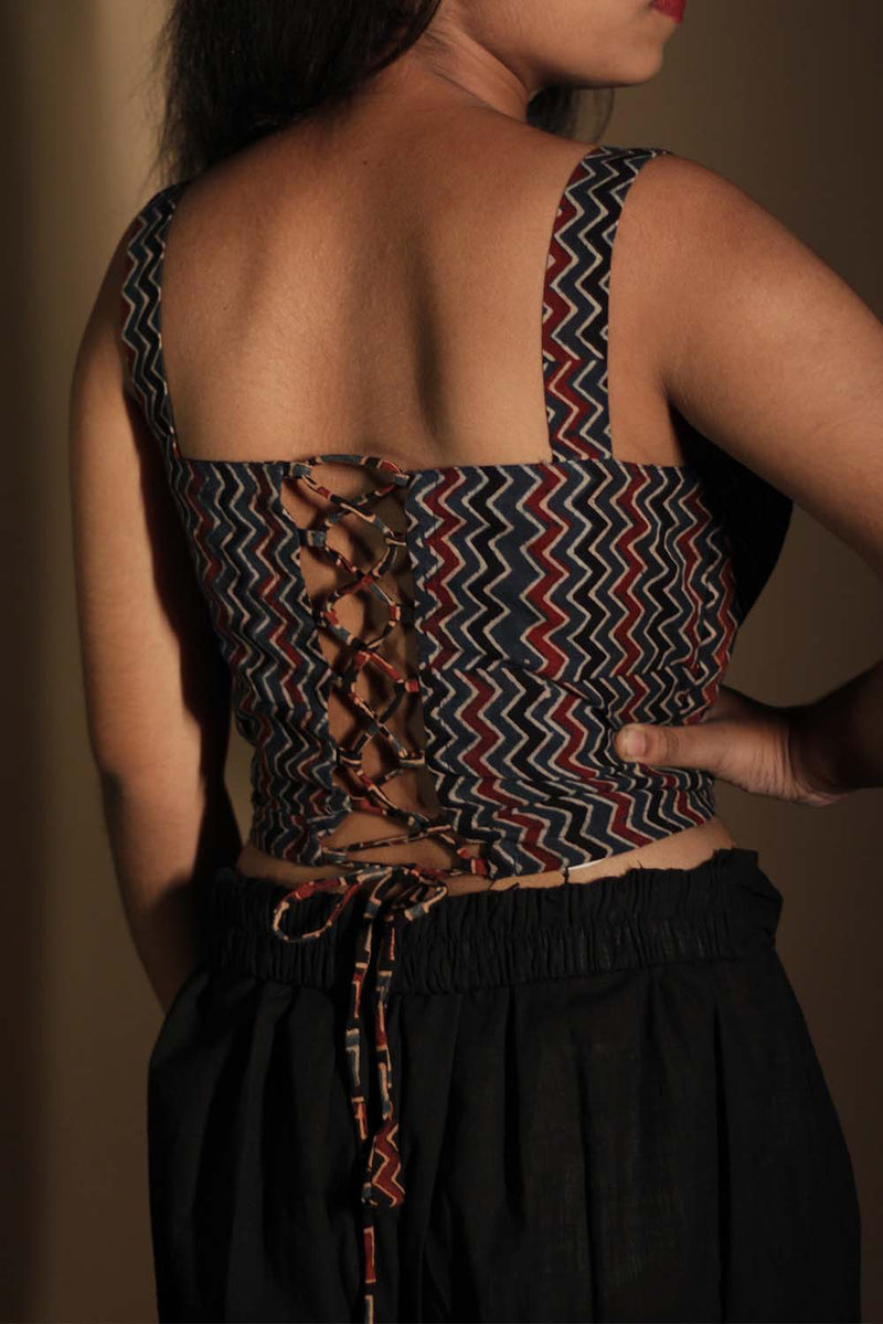 Moha | Backless Lace-Up Blouse | Indigo Ajrakh Chevron