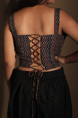 Moha | Backless Lace-Up Blouse | Indigo Ajrakh Chevron