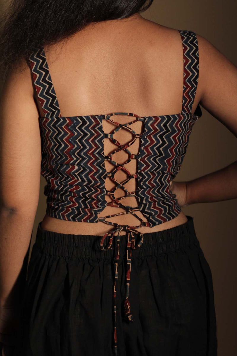 Moha | Backless Lace-Up Blouse | Indigo Ajrakh Chevron