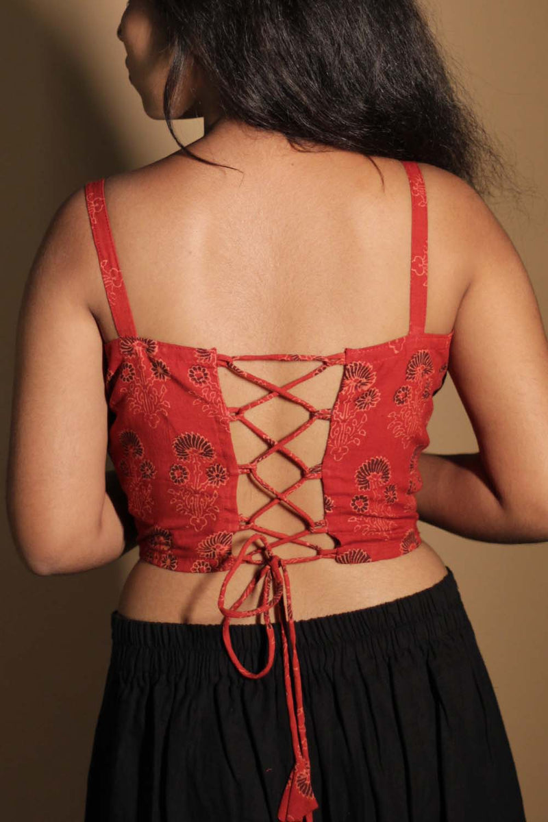 Moha |  Backless Lace-Up Blouse | Black Floral on Red Ajrakh