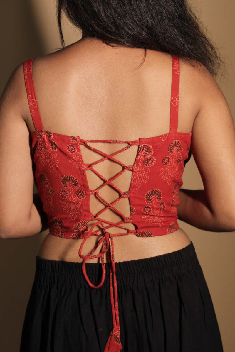 Moha |  Backless Lace-Up Blouse | Black Floral on Red Ajrakh
