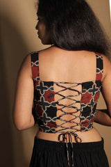 Moha | Backless Lace-Up Blouse | Indigo Shatkon Ajrakh