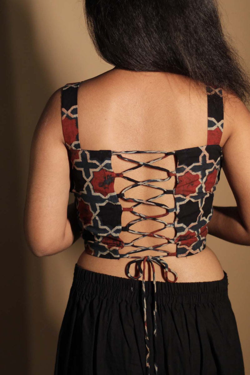 Moha | Backless Lace-Up Blouse | Indigo Shatkon Ajrakh