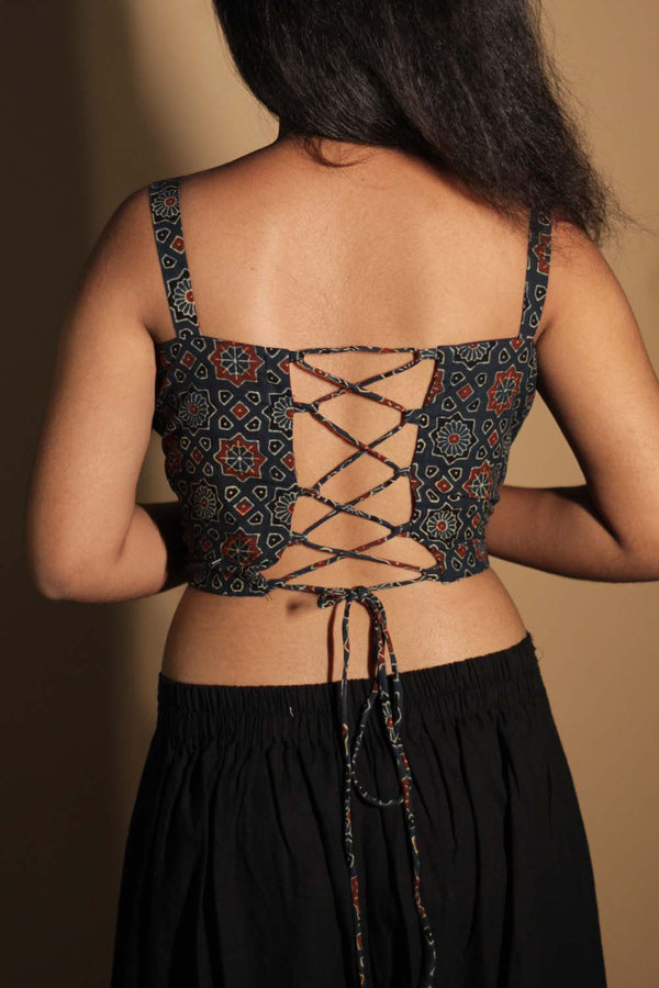 Moha | Backless Lace-Up Blouse | Blue & Red Hexagons Ajrakh