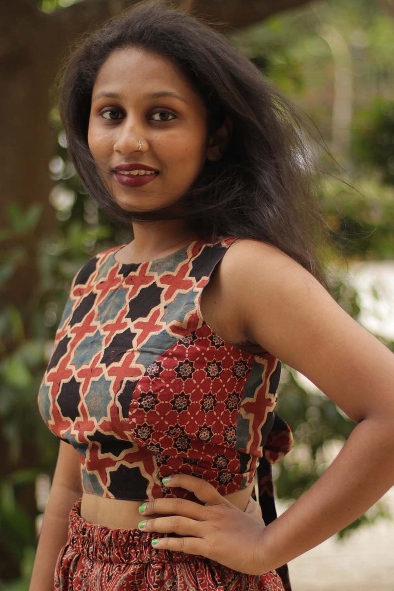 Reversible Blouse in Red Ajrakh Shatkon Medley & Grey Cotton