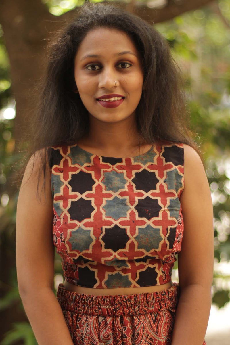 Reversible Blouse in Red Ajrakh Shatkon Medley & Grey Cotton