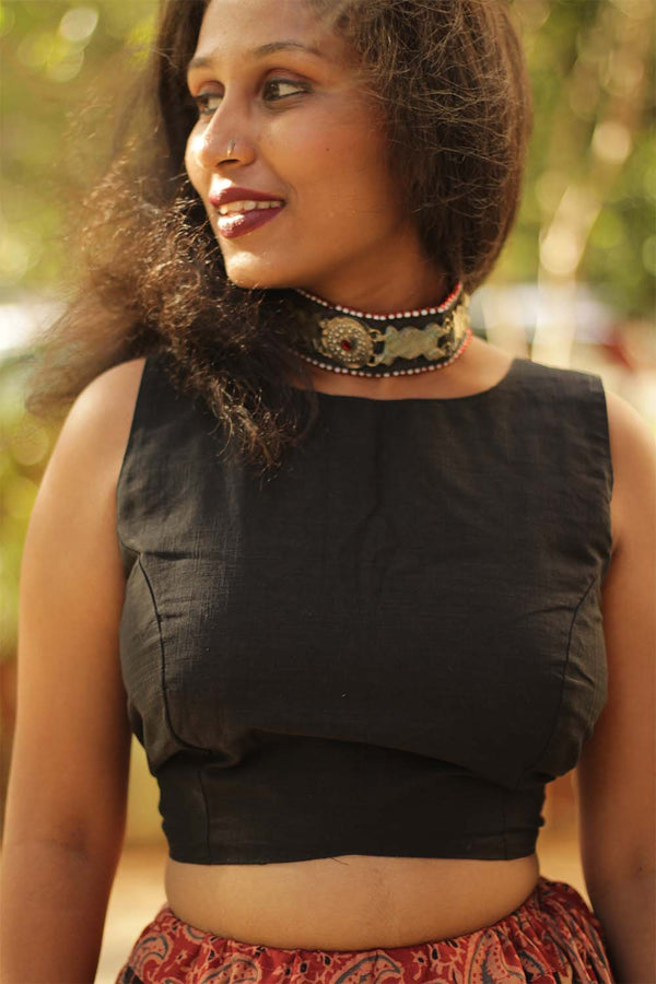 Reversible Blouse in Black Ajrakh Medley & Black Cotton
