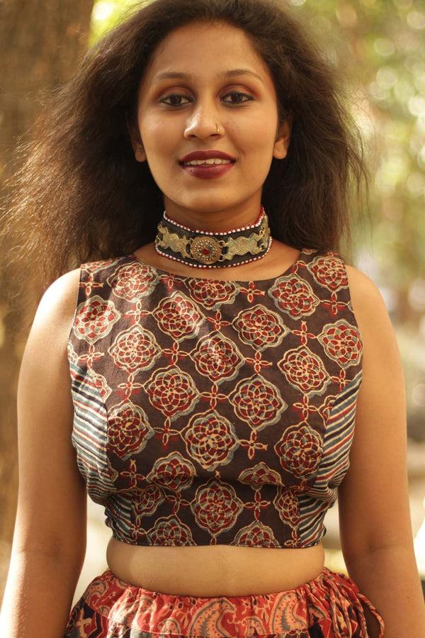 Reversible Blouse in Black Ajrakh Medley & Black Cotton
