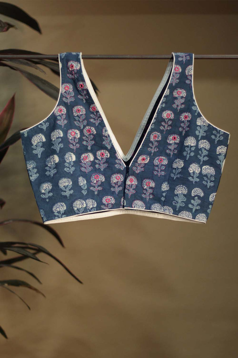 Indigo Sleeveless Blouse with Fuschia Embroidery