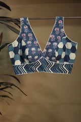 Indigo Sleeveless Blouse with Fuschia Embroidery