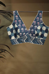 Indigo Sleeveless Blouse with Fuschia Embroidery