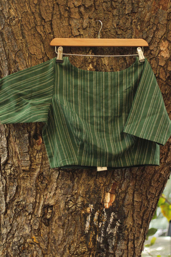 Potli buttons | Sleeved Blouse | Kantha Cotton Green